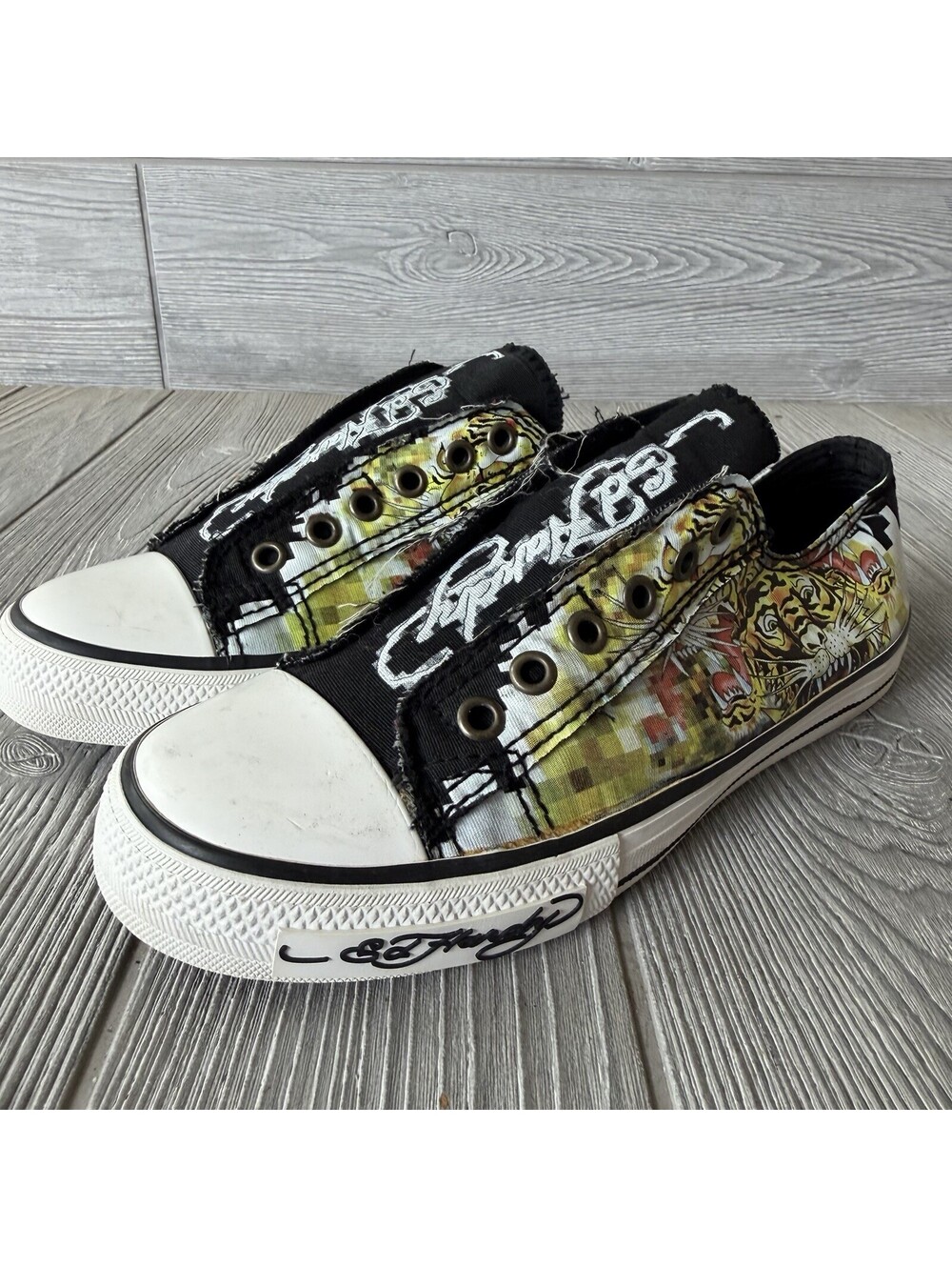 Ed Hardy Women’s Slip On Sneakers Size 7 Tiger Tattoo Canvas Y2K Shoes 38
